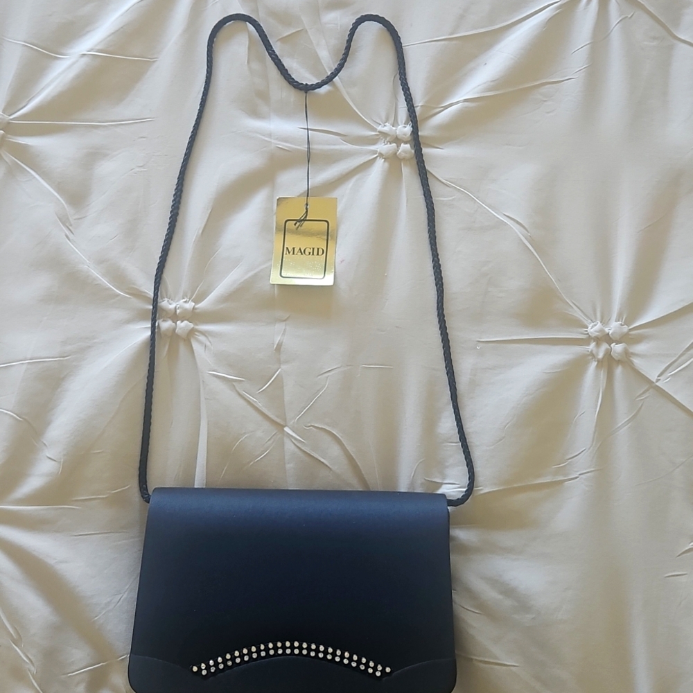 Small Black Satin With Rhinestones Crossbody Purse. New, No Sale Tag